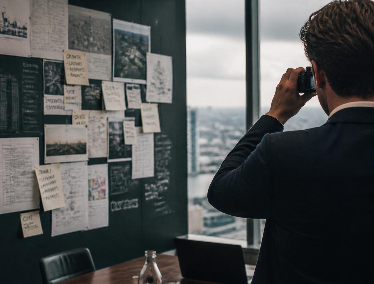 Deelnemer in een strategiesessie die met een camera de muur met plannen fotografeert en kiest wat hij in beeld brengt.